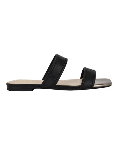 Calvin Klein Women's Felisa Double Band Slip-on Flat Sandals In Black Leather