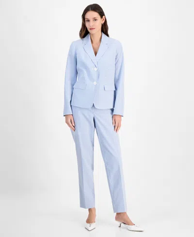 Le Suit Women's Seersucker Two-button Notch-collar & Mid-rise Slim Pants Set, Regular & Petite In White,pale Blue
