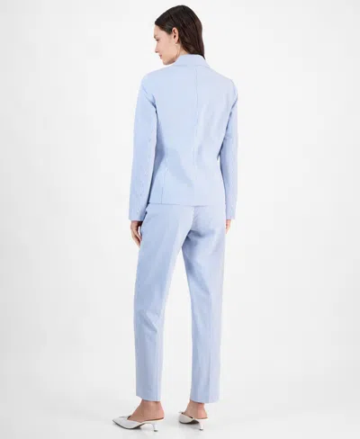 Le Suit Women's Seersucker Two-button Notch-collar & Mid-rise Slim Pants Set, Regular & Petite In White,pale Blue