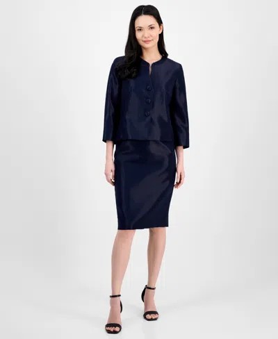 Le Suit Women's Collarless Three-button 3/4-sleeve Jacket & Slim Skimmer Skirt Set, Regular & Petite In Midnight Navy