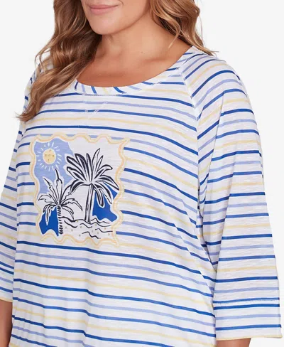 Hearts Of Palm Plus Size Making Waves Beach Scene Drawstring 3/4 Sleeve Top In Canary Multi