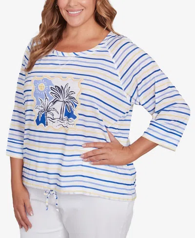 Hearts Of Palm Plus Size Making Waves Beach Scene Drawstring 3/4 Sleeve Top In Canary Multi