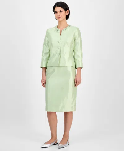 Le Suit Women's Collarless Three-button 3/4-sleeve Jacket & Slim Skimmer Skirt Set, Regular & Petite In Celery