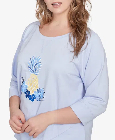 Hearts Of Palm Plus Size Making Waves Pineapple Printed 3/4 Sleeve Top In Blue
