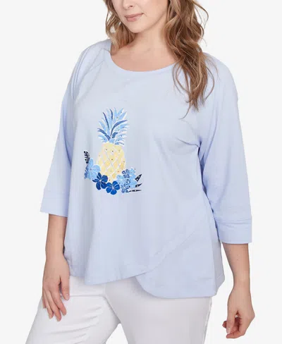 Hearts Of Palm Plus Size Making Waves Pineapple Printed 3/4 Sleeve Top In Blue