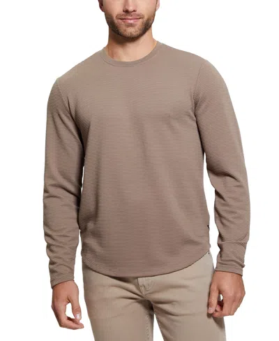 Guess Men's Relaxed Fit Linear Textured Long Sleeve Crewneck T-shirt In Brown