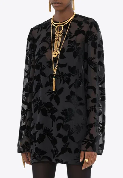 Chloé Mini Robe À Manches Bouffantes En Velours Femme Noir Taille 40 60% Viscose, 40% Soie In Black