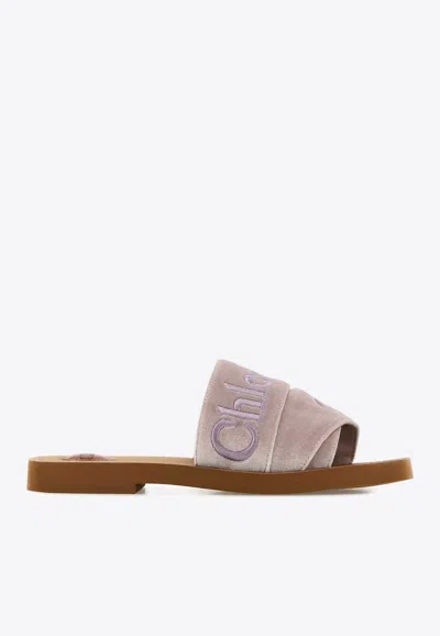 Chloé Woody Logo Velvet Slide Sandal In Pink