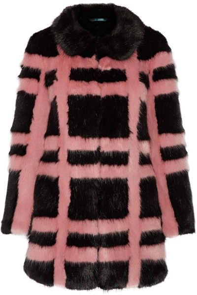 Shrimps Edith Checked Faux Fur Coat In Black And Rose-pink Checked