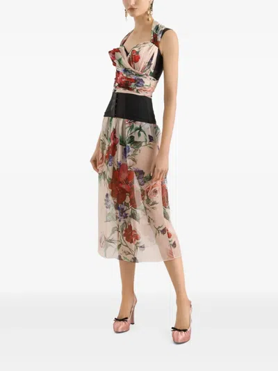 Dolce & Gabbana Flower Print Marquisette And Chiffon Bustier Top In Red