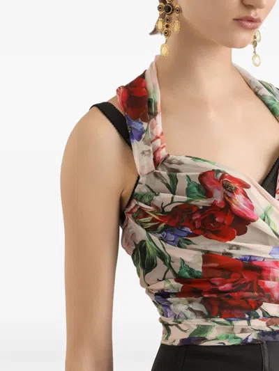 Dolce & Gabbana Flower Print Marquisette And Chiffon Bustier Top In Red