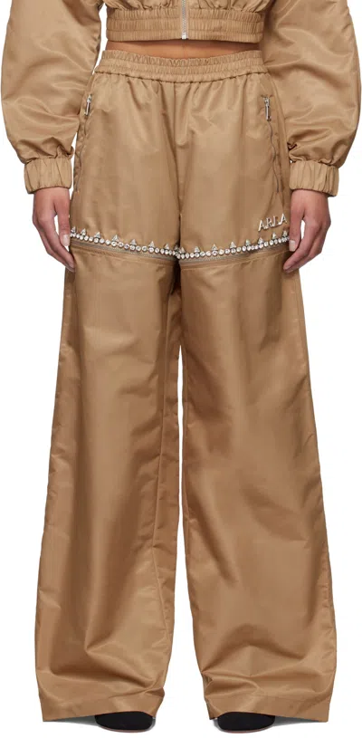 Area Tan Crystal Slit Track Pants In Camel