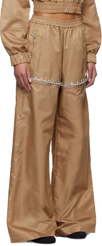 Area Tan Crystal Slit Track Pants In Camel