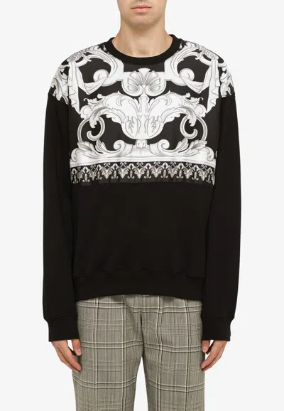 Versace Barocco Print Cotton Crewneck Sweatshirt In Monochrome