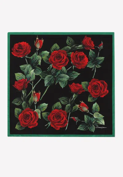 Dolce & Gabbana Rose-print Contrast-border Scarf In Multicolor