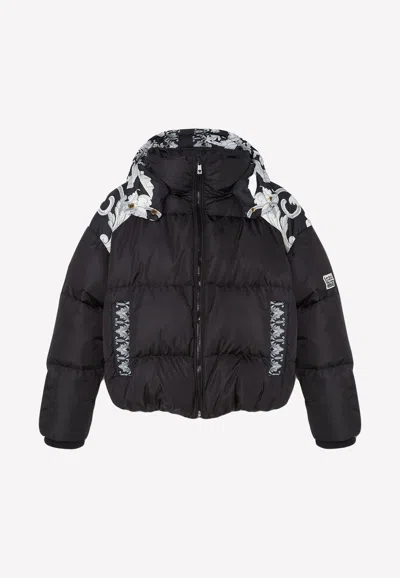 Versace Silver Baroque Print Down Puffer Jacket In Black