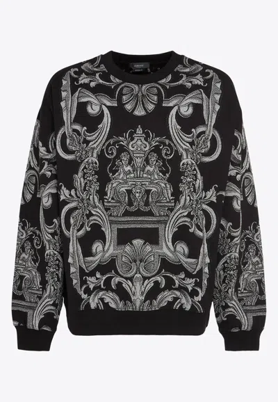 Versace Barocco Cotton Blend Crewneck Sweatshirt In Monochrome