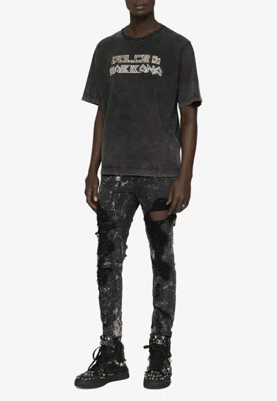 Dolce & Gabbana Washed Short-sleeved T-shirt With Studs In Gray