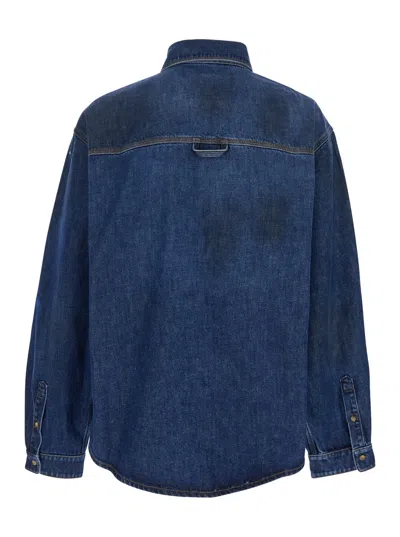 Erl Blue Shirt With Pointed Collar And Logo Patch On The Front In Blu