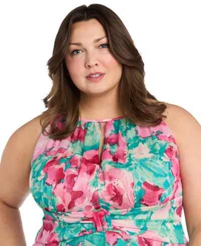 R & M Richards Plus Size Printed Overlay-skirt Maxi Dress In Jade,pink