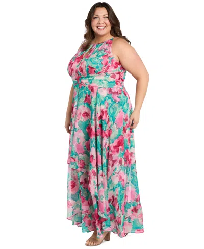 R & M Richards Plus Size Printed Overlay-skirt Maxi Dress In Jade,pink