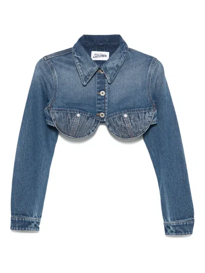 Jean Paul Gaultier Denim Cropped Jacket With Topstitching Details On Cups In Blue