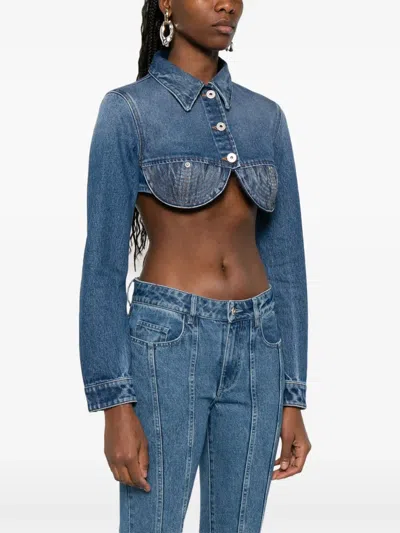 Jean Paul Gaultier Denim Cropped Jacket With Topstitching Details On Cups In Blue