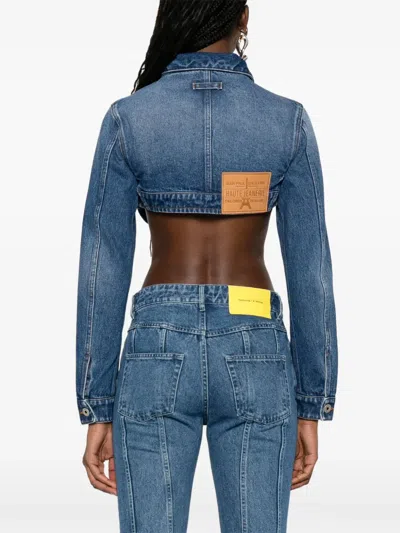 Jean Paul Gaultier Denim Cropped Jacket With Topstitching Details On Cups In Blue