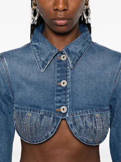 Jean Paul Gaultier Denim Cropped Jacket With Topstitching Details On Cups In Blue