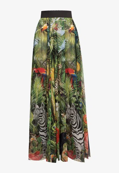 Dolce & Gabbana Jungle Print Pleated Georgette Maxi Skirt In Multicolor