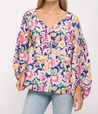 Fate By Lfd Flower Print Split Neck Blouse In Deep Blue Multi In Multi