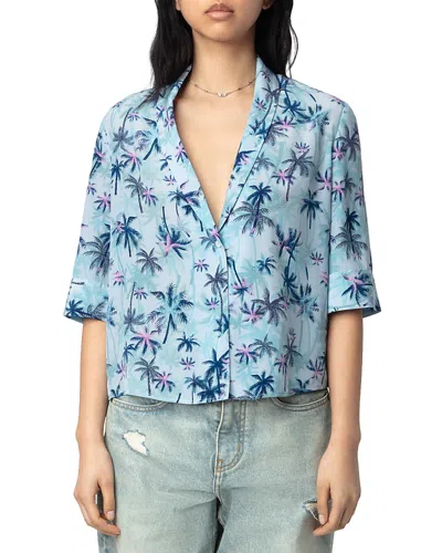 Zadig & Voltaire Telmos Sunset Palm Mist Print Silk Top In Mist