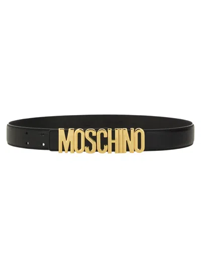 Moschino Adjustable Logo Embossed Belt With Multiple Holes In Black