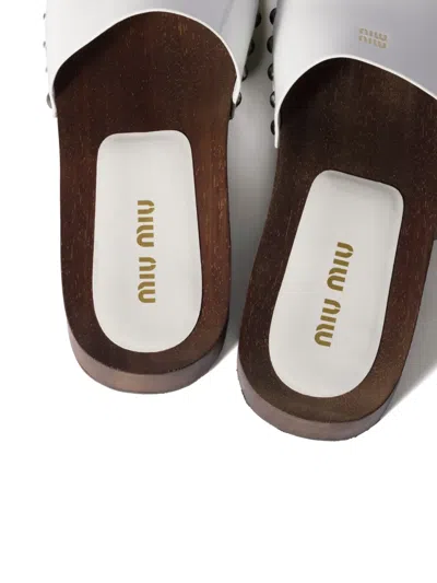 Miu Miu Wood Sole Flat Sandals With Studded Side In White