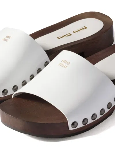 Miu Miu Wood Sole Flat Sandals With Studded Side In White