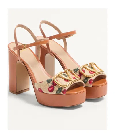 Valentino Garavani Cherry-embroidered Raffia Platform Sandals In Brown