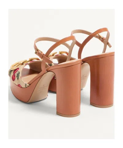 Valentino Garavani Cherry-embroidered Raffia Platform Sandals In Brown