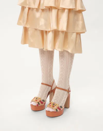 Valentino Garavani Cherry-embroidered Raffia Platform Sandals In Brown