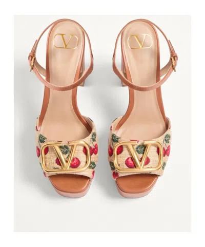 Valentino Garavani Cherry-embroidered Raffia Platform Sandals In Brown