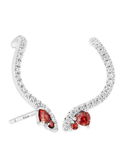 Astrid & Miyu Rhodium-plated Silver And Garnet Snake Climber Stud Earrings In Silver