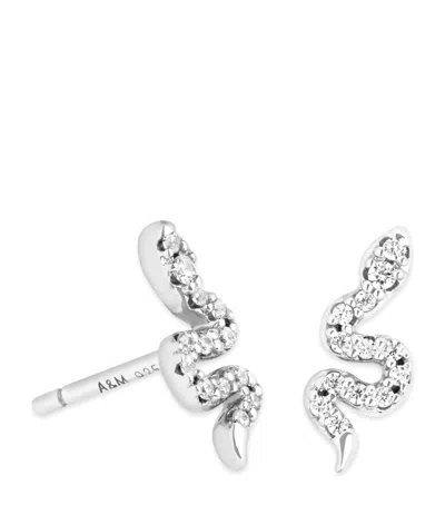 Astrid & Miyu Rhodium-plated Sterling Silver And Cubic Zirconia Snake Stud Earrings In Silver