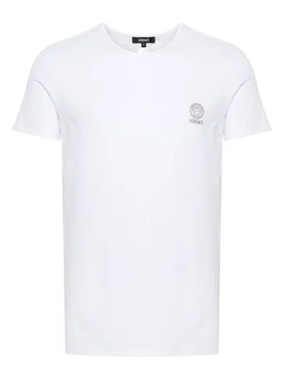 Versace White Crewneck T-shirt With Medusa Print On The Front In Cotton Stretch Man In White