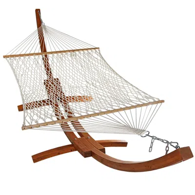 Sunnydaze Cotton Double Wide 2-person Rope Hammock With Spreader Bars And Curved Arc Wood Stand - 400 Lb Weigh