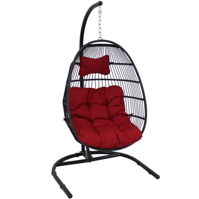 Sunnydaze Outdoor Resin Wicker Patio Julia Hanging Basket Egg Chair Swing With Cushions, Headrest, And Steel S