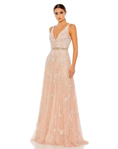 Mac Duggal V-neck Embellished Tulle Gown In Gold
