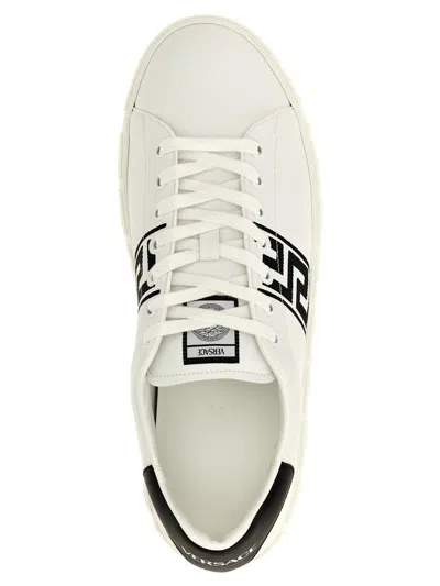 Versace White White Black Greca Embroidered Sneakers In Multicolor