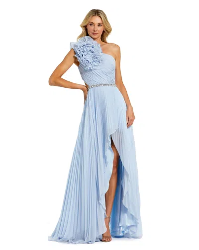 Mac Duggal 3d Floral One Shoulder Pleated Chiffon High Low Gown In Blue