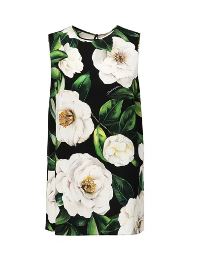 Dolce & Gabbana Gardenia Print Stretch Silk Charmeuse Sleeveless Top In Multicolour