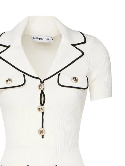 Self-portrait White Mini Dress With Notched Collar And Contrasting Trim In Viscose Blend Stretch Woman In White