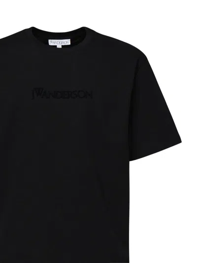 Jw Anderson Black Crewneck T-shirt With Logo Lettering Embroidery On The Front In Cotton Man In Black